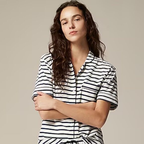 J Crew Dreamy cotton-blend short-sleeve TOP pajama stripe Small Ivory dark - Picture 2 of 5
